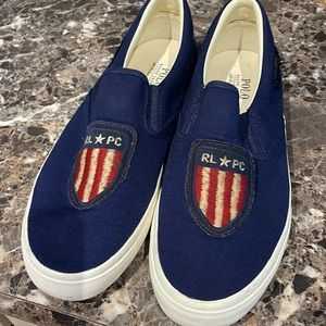 Ralph Lauren Mens Thompson Canvas RLPC Flag Slip-On Sneakers With RLite cushion